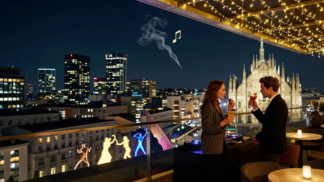 Rooftop Skyline Lounge with Milan skyline glowing at night, couple drinking cocktails under fairy lights.