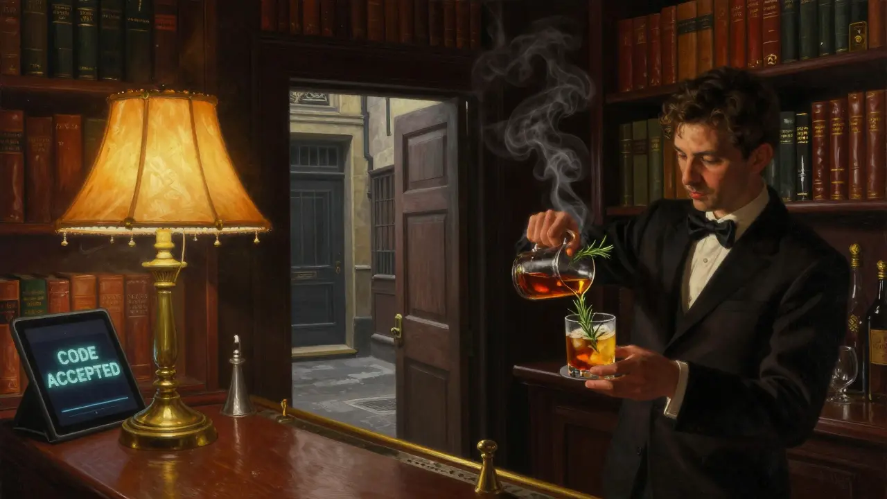 Secret speakeasy bar called The Library with bookshelves, warm lighting, and a bartender mixing a drink.