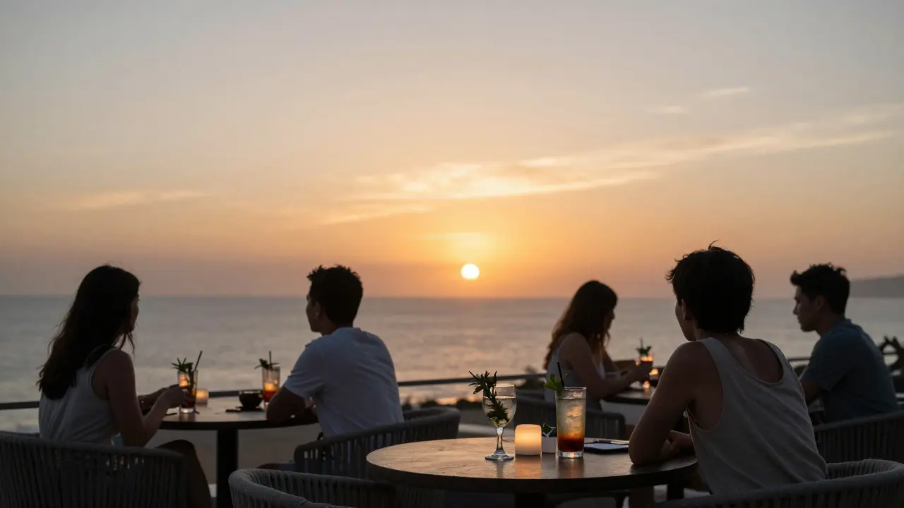 Silent figures on a rooftop lounge watching the sun set over Dubai’s coastline, with warm lighting and no phones in sight.