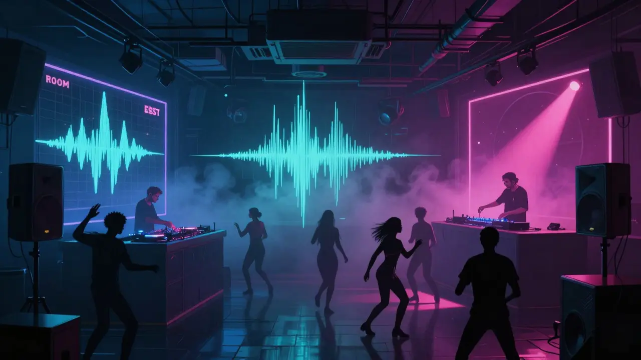 Three dance rooms at Fabric nightclub with pulsing lights and diverse crowds dancing late at night.