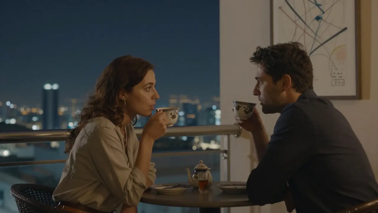 Two figures sip tea on a midnight balcony, the city asleep behind them, a moment of deep, silent connection.