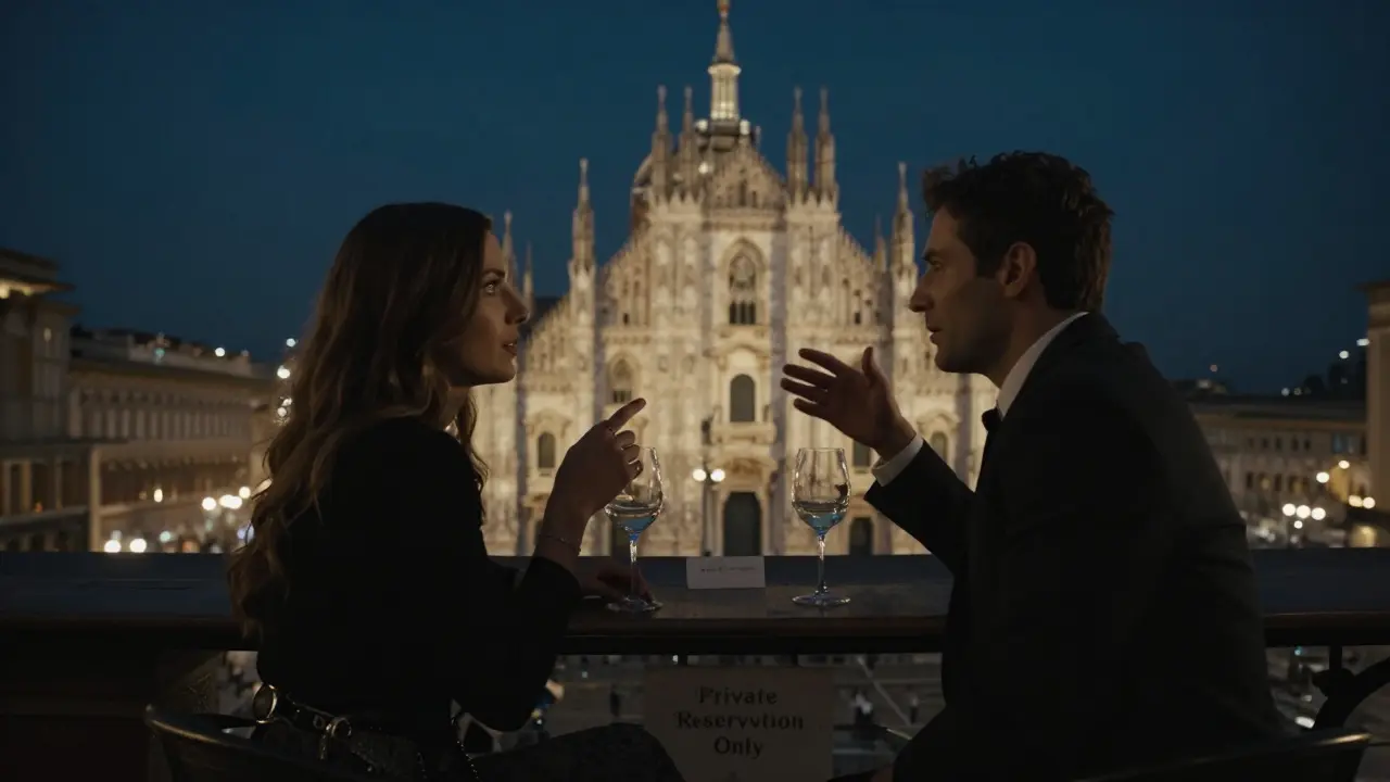 Two people enjoying a quiet moment at a private rooftop bar in Milan, lights of the city glowing behind them.