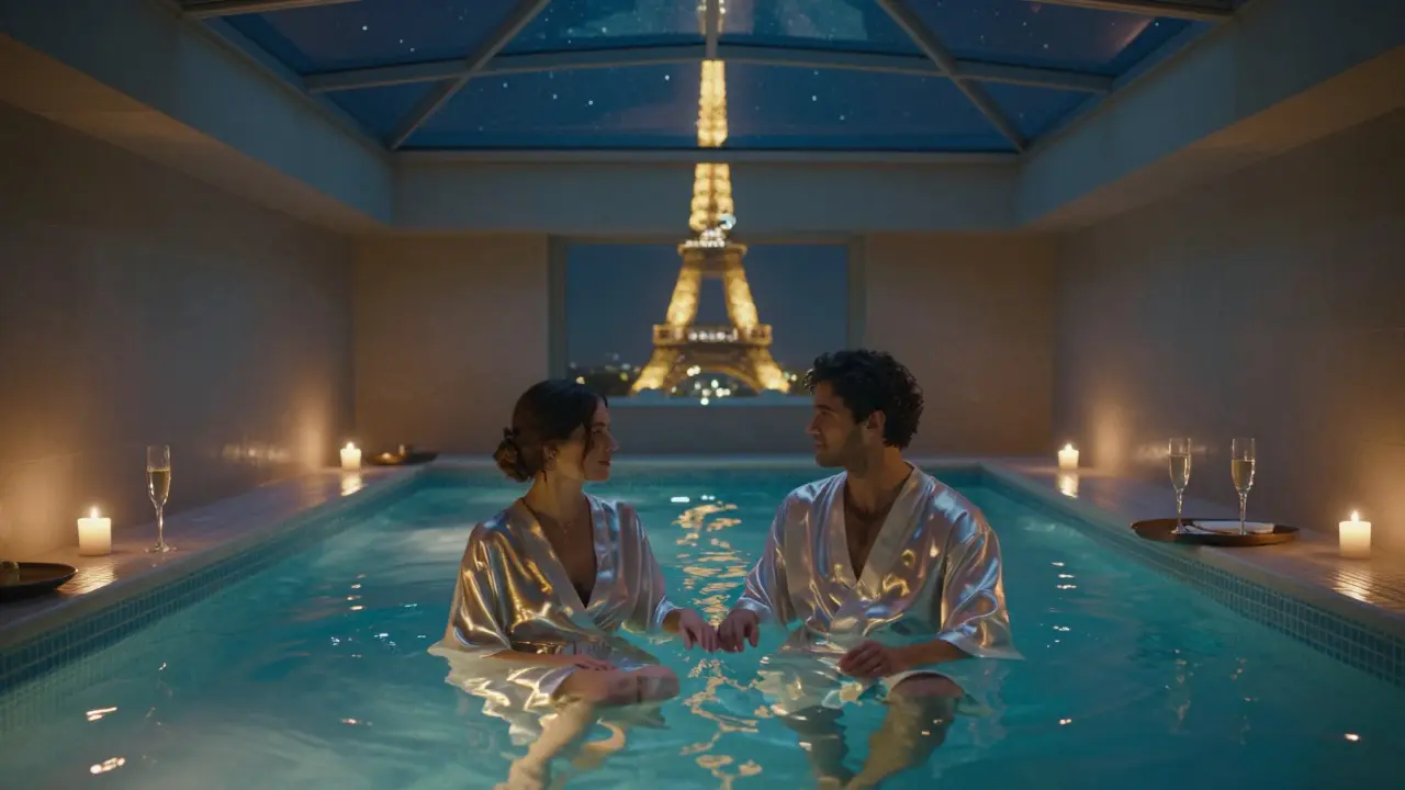 Two people float silently in a candlelit underground pool, wrapped in silk robes, with the Eiffel Tower glowing faintly above.