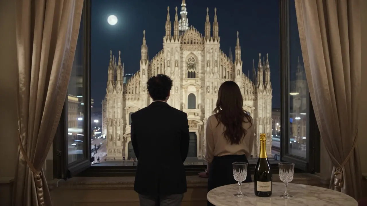 Two people stand in silent awe on a Milan rooftop at midnight, the Duomo glowing below them under a starlit sky.