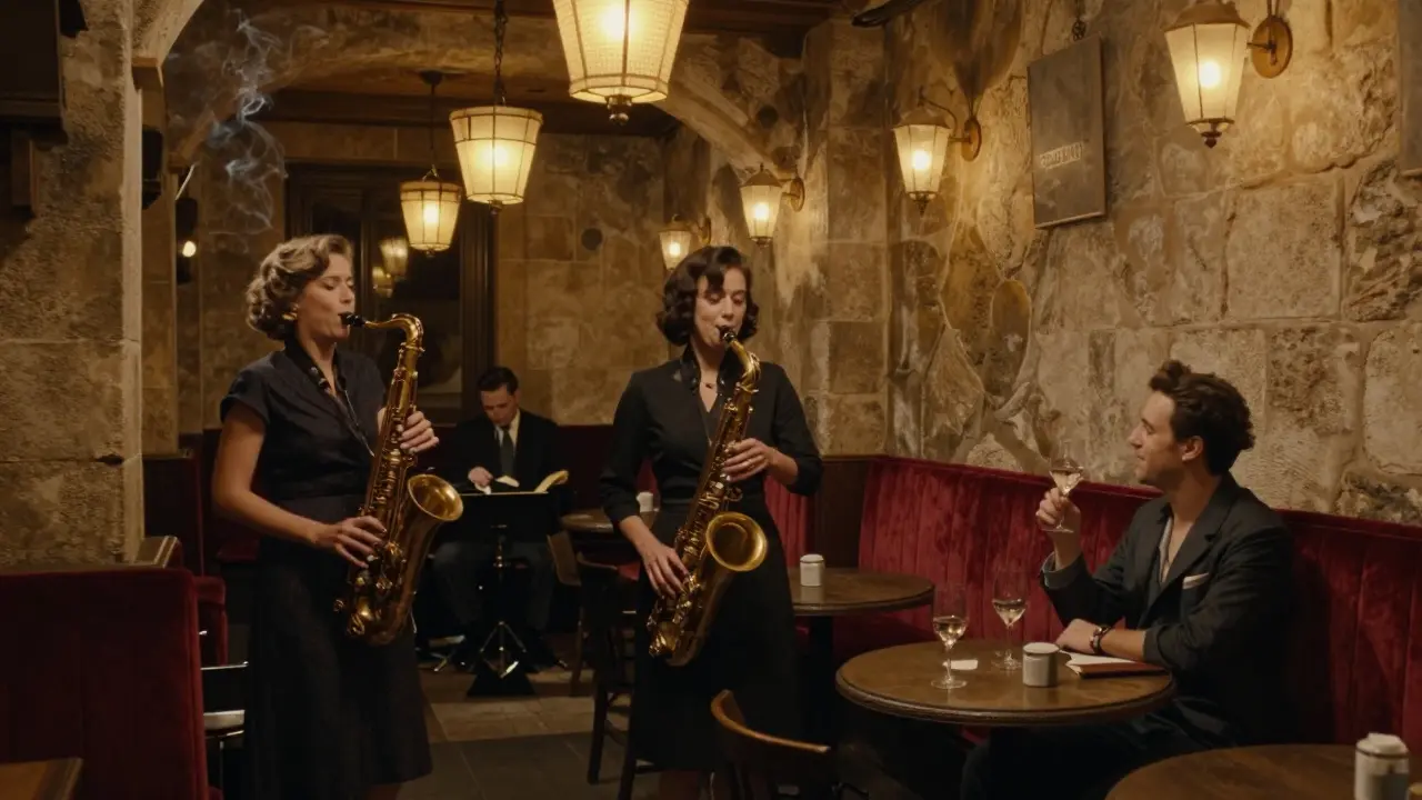 Two women swaying to live jazz music in an intimate, candlelit cellar bar with red velvet booths and aged stone walls.