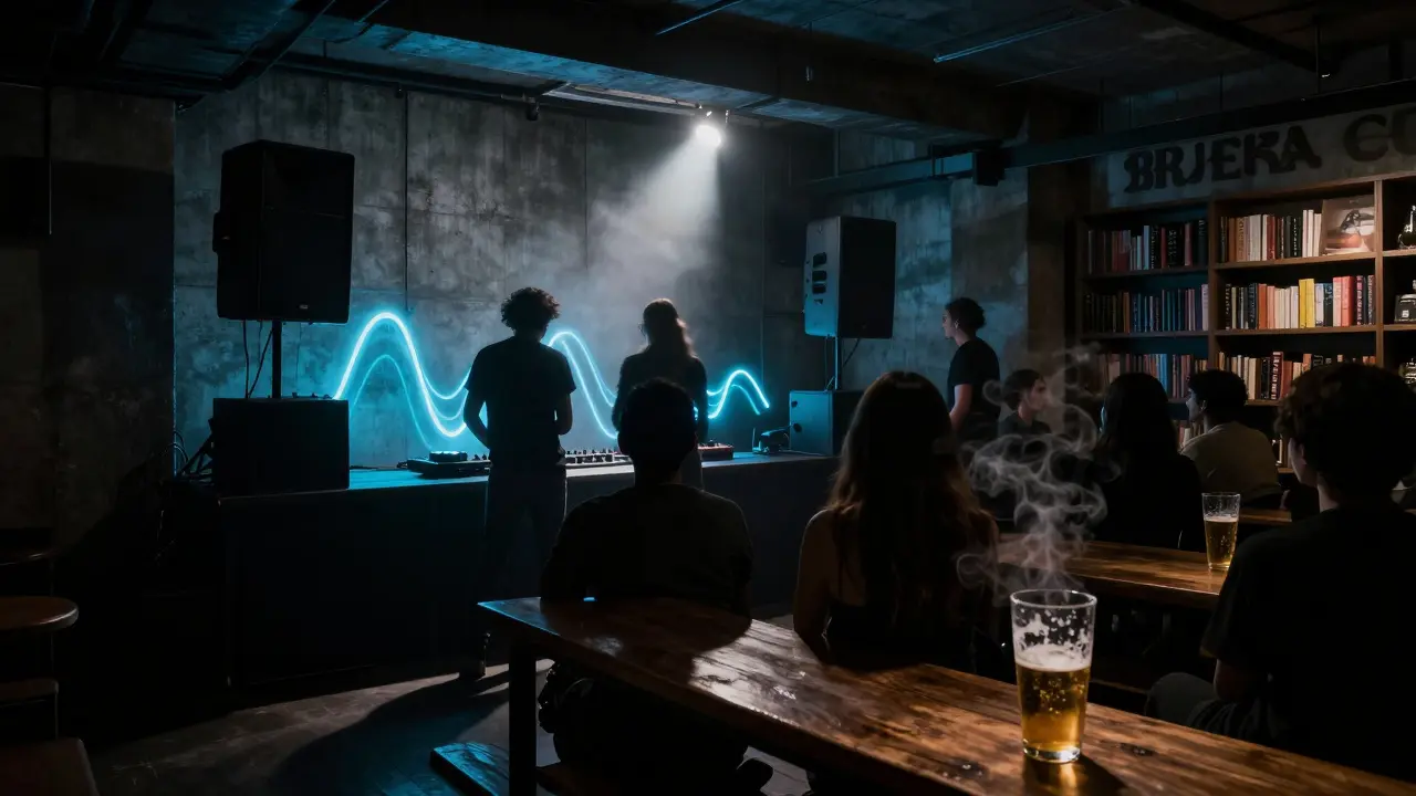 Underground club in Brera with minimalist decor and dancers silhouetted by neon bass lights.