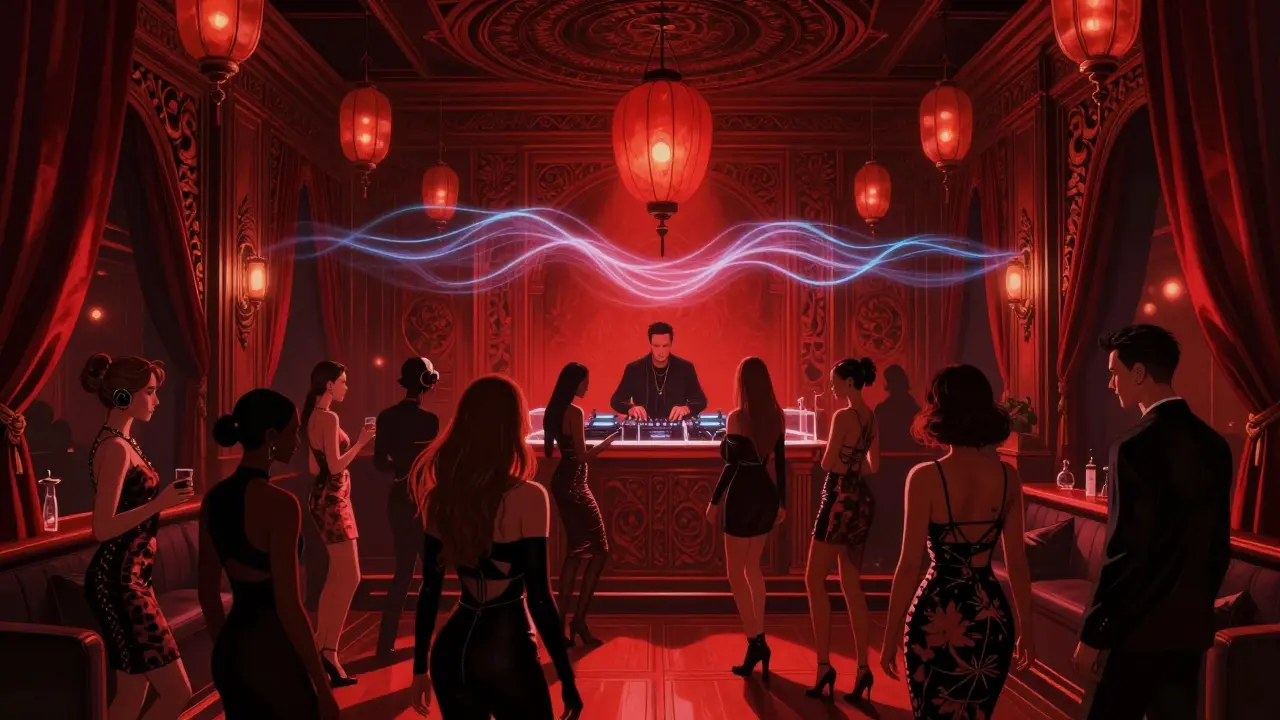 Vibrant nightclub interior at Hakkasan with deep red lighting and a crowd dancing under suspended lanterns.