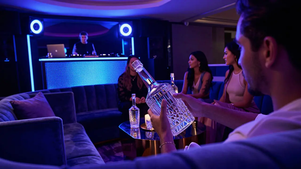 VIP section of White Dubai nightclub with celebrity guests and bottle service.