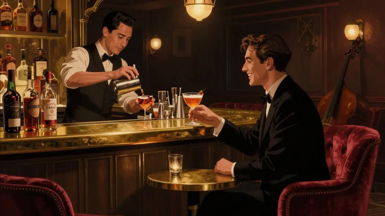 A 1920s-style speakeasy lounge with velvet couches and a bartender mixing cocktails in low amber light.