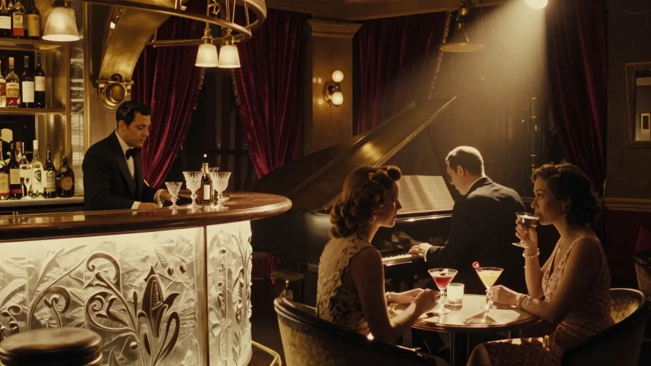 A 1940s Parisian jazz club interior with pianist, velvet curtains, and patrons sipping cocktails under golden light.