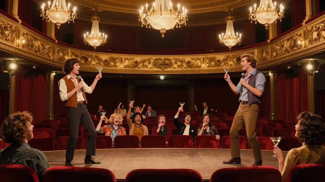 A British and French comedian exchanging punchlines on stage in a retro theater with red velvet seating.