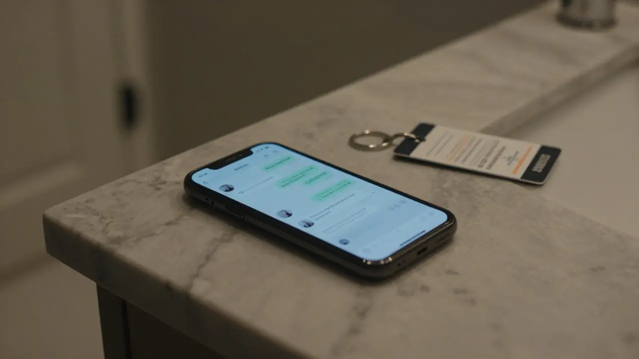 A burner phone on a bathroom counter with encrypted messages visible on its screen.