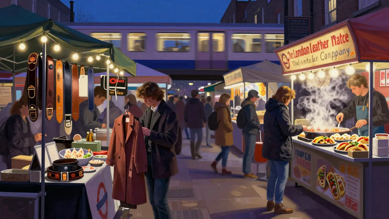 A bustling Camden night market with artisans crafting leather goods and shoppers holding vintage coats under string lights and glowing food stalls.