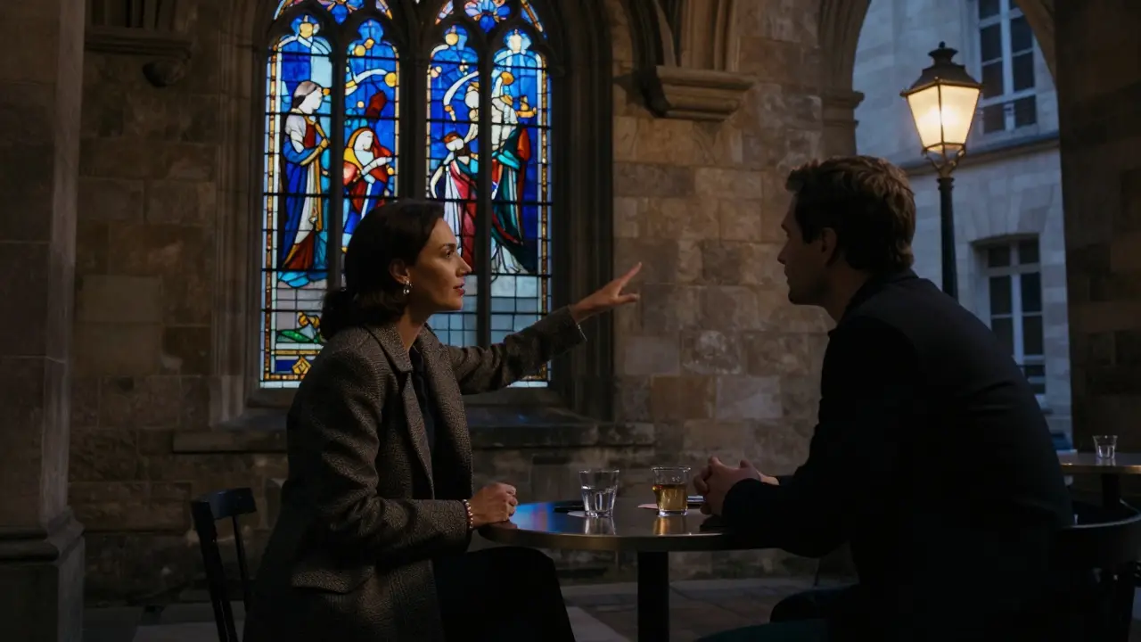 A companion and client in a hidden Paris courtyard, discussing art under twilight lighting.