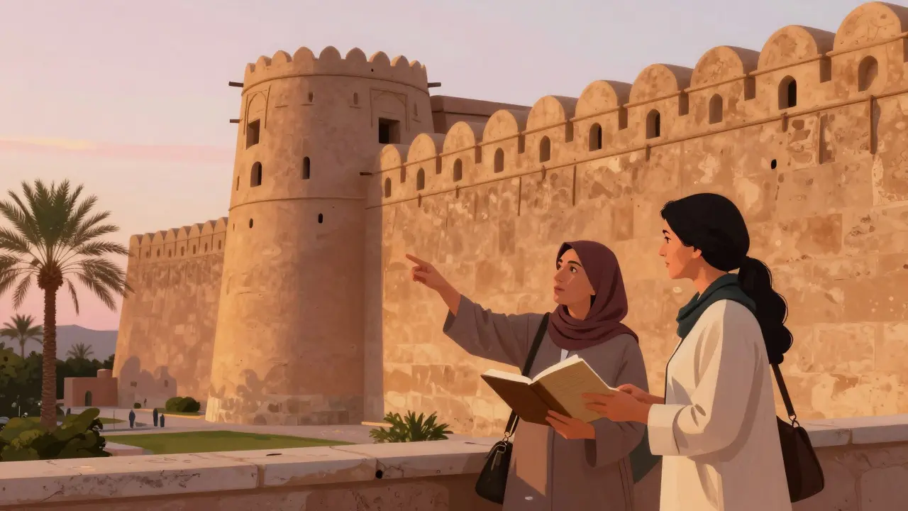 A companion guiding a client through the historic Qasr Al Hosn fort at sunset, highlighting architectural details with quiet expertise.