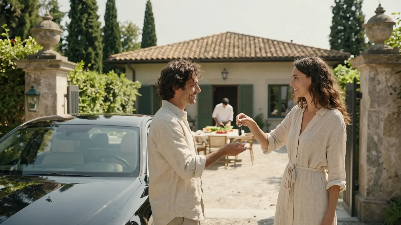 A companion hands a client a key at a private villa outside Milan, surrounded by gardens.