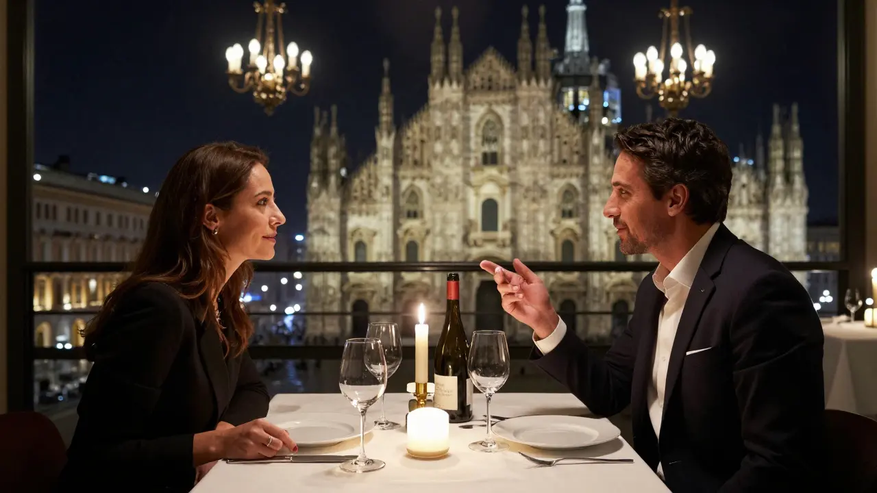 A couple enjoys a quiet candlelit dinner at La Pergola with Milan's skyline glowing in the background.