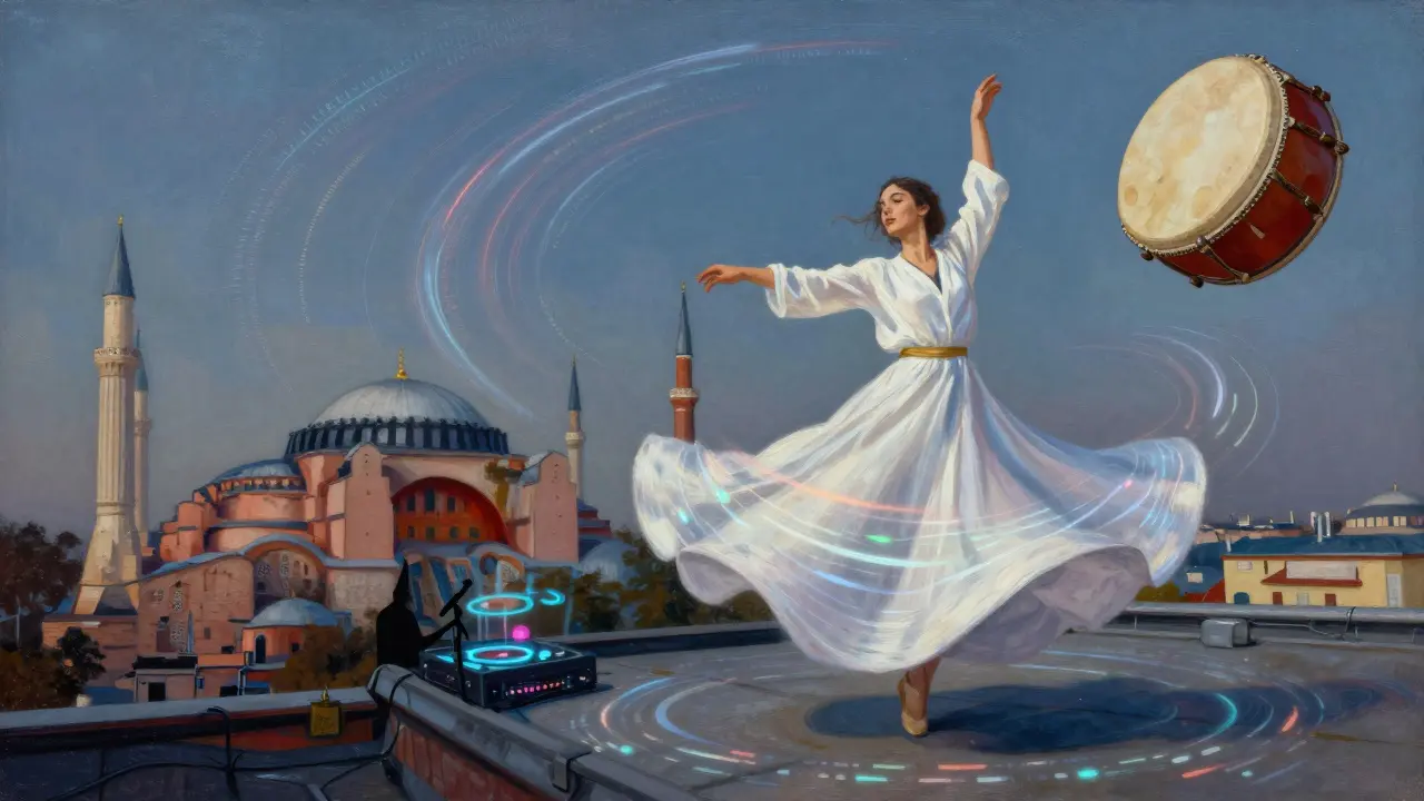 A dervish spins on a rooftop as her robe transforms into techno light waves, merging traditional Sufi dance with modern electronic music visuals.
