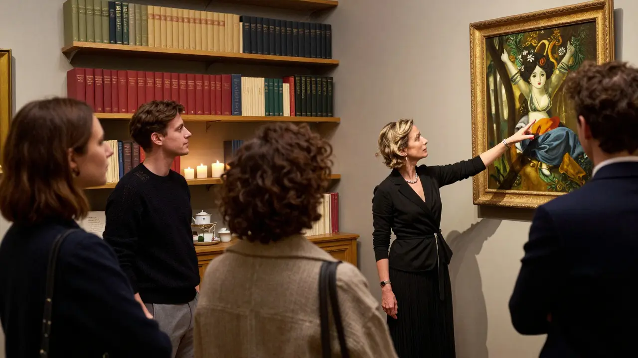 A diverse group of travelers on a private art tour, guided by an experienced escort in a gallery.
