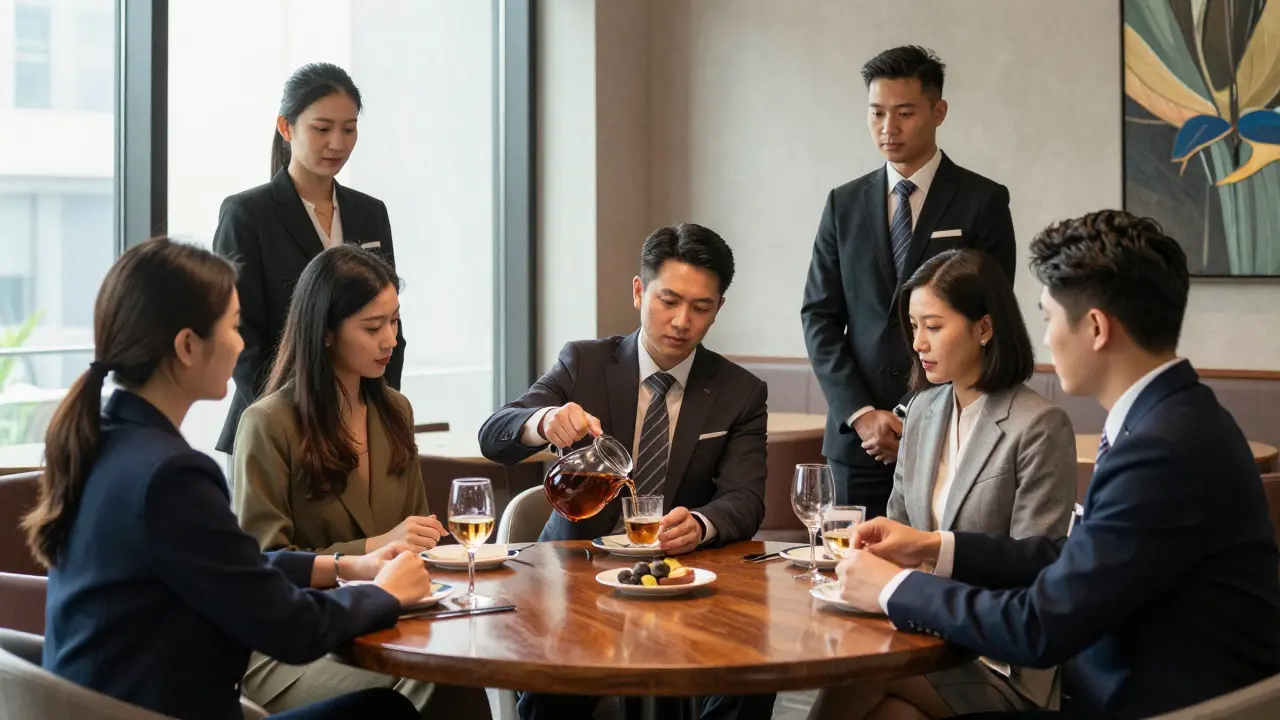 A group of international executives and their companions in a private London club, exuding calm professionalism.