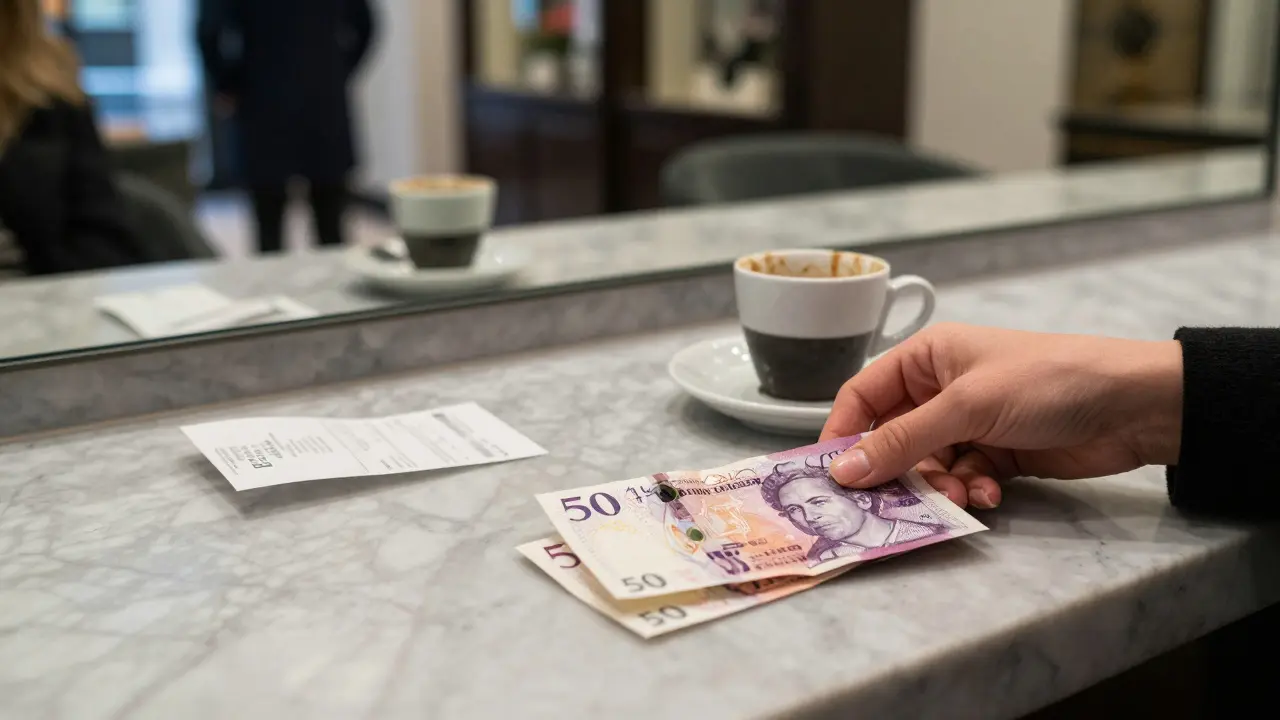 A hand placing cash on a countertop in a luxury hotel lobby, with no digital devices or receipts visible.