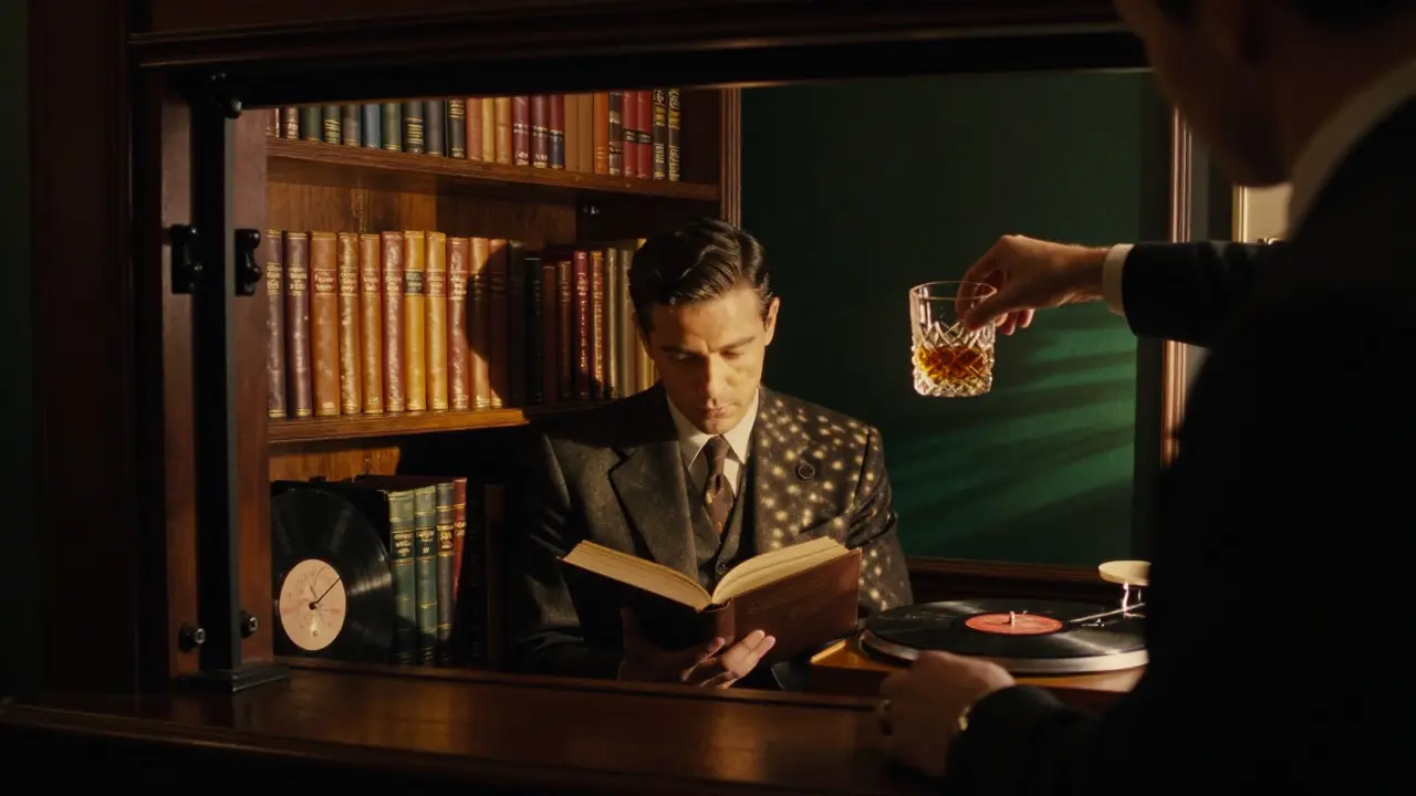 A hidden bar behind a bookshelf, with books and a man reading in golden ambient light.