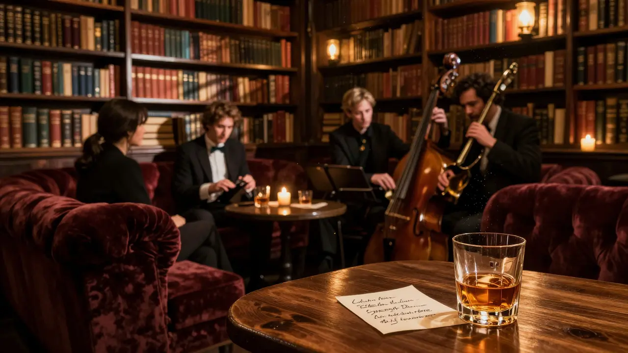 A hidden candlelit speakeasy with jazz musicians, velvet couches, and bookshelves in a quiet Covent Garden alley.
