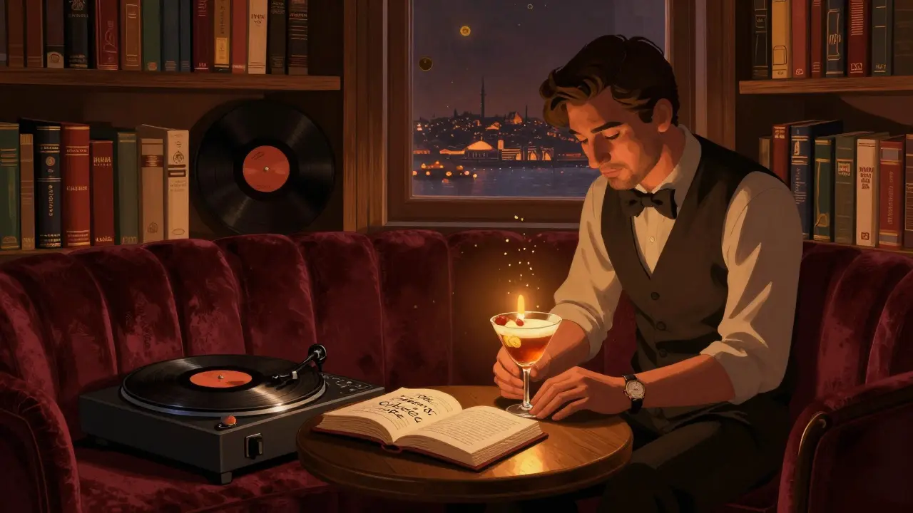 A hidden speakeasy behind a bookshelf in Karaköy, lit by candlelight with jazz records playing.