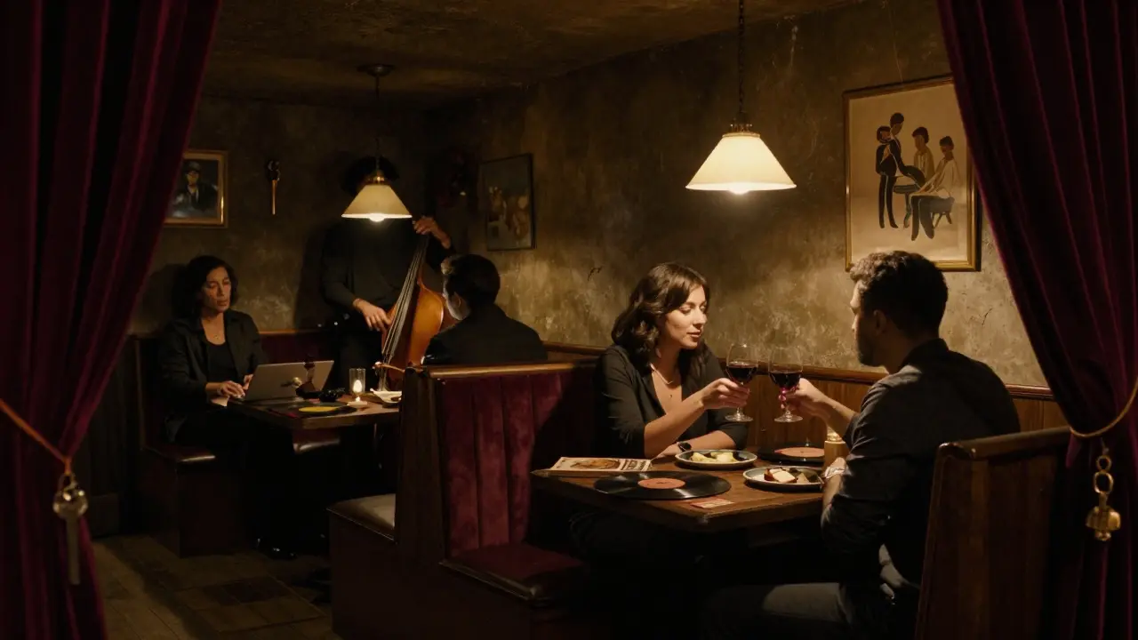A hidden speakeasy with a couple toasting quietly amid jazz music and vintage decor.