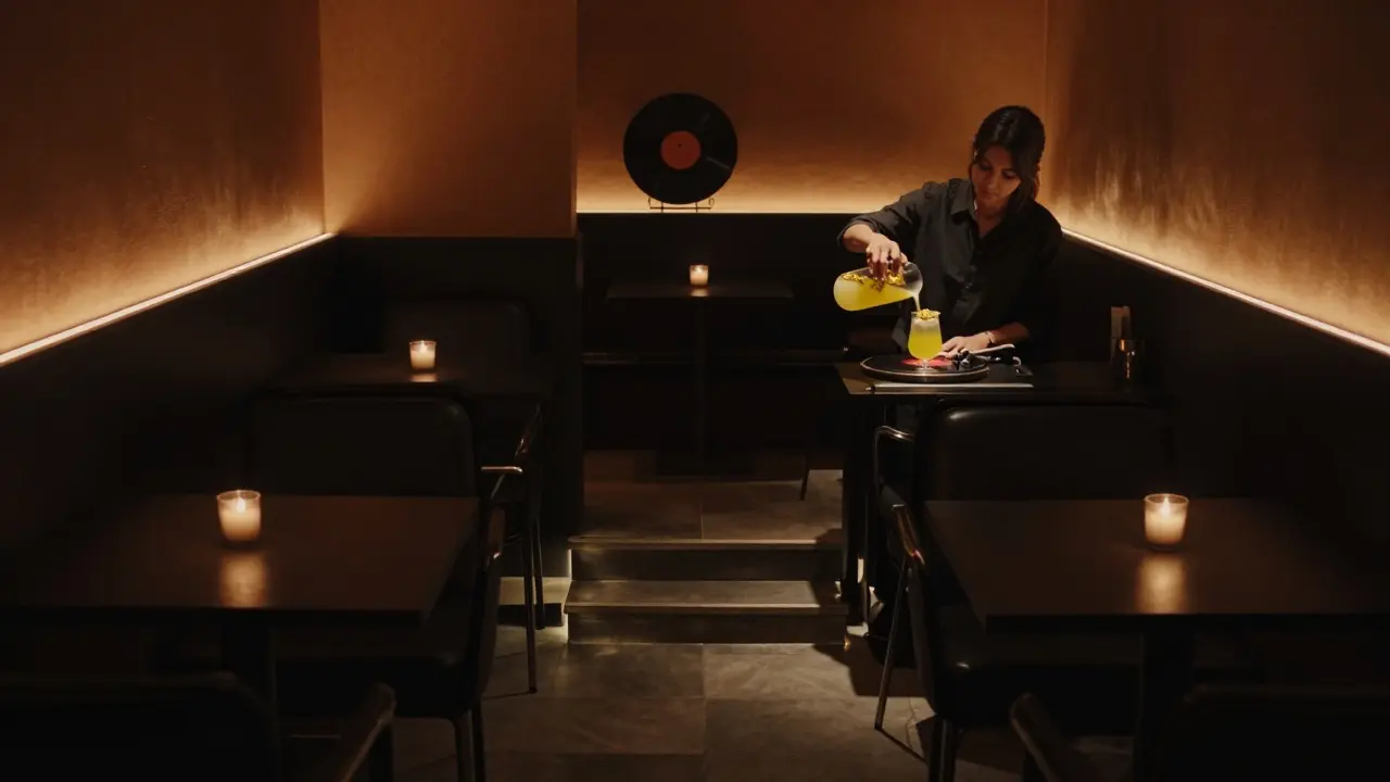 A hidden underground lounge beneath a Thai restaurant, where a bartender pours a golden-layered cocktail in amber glow.