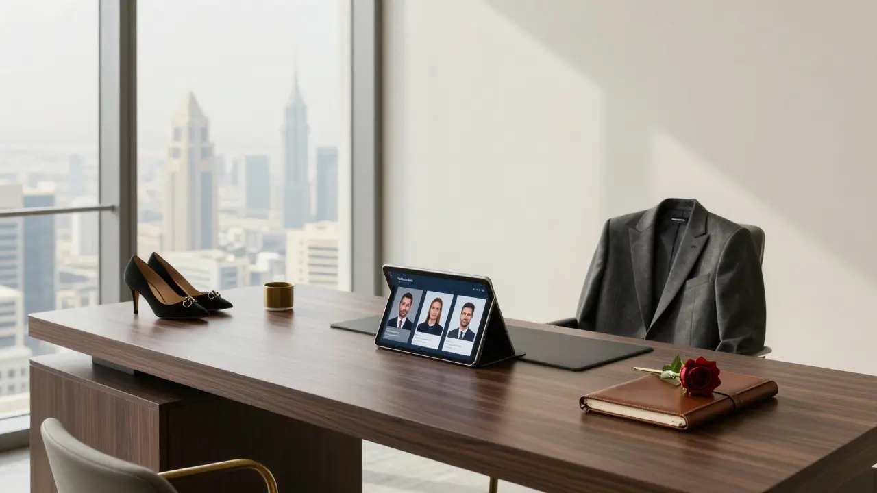 A luxury companionship agency office with personalized client profiles, designer clothing, and minimalist elegance in Dubai.