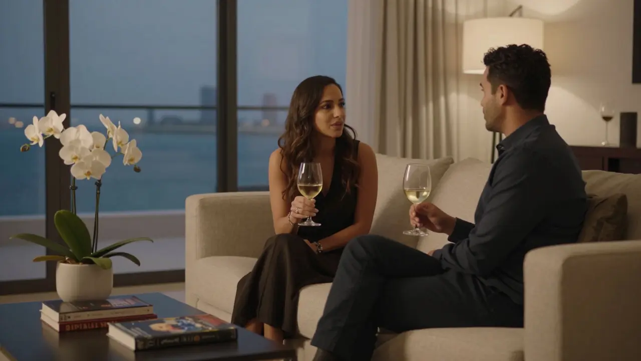 A man and woman converse quietly in a luxury villa at twilight, sharing wine with no phones in sight.