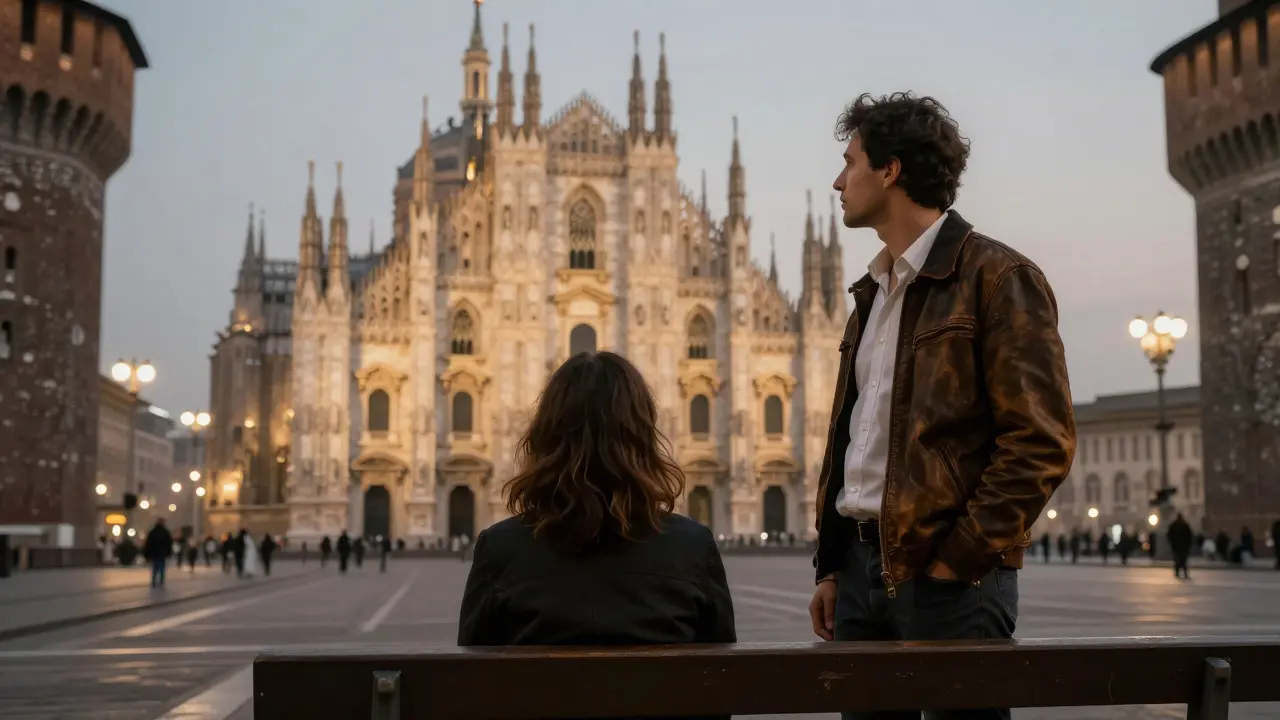 A man and woman sharing silent stillness on a bench, gazing at the illuminated Duomo in the distance.