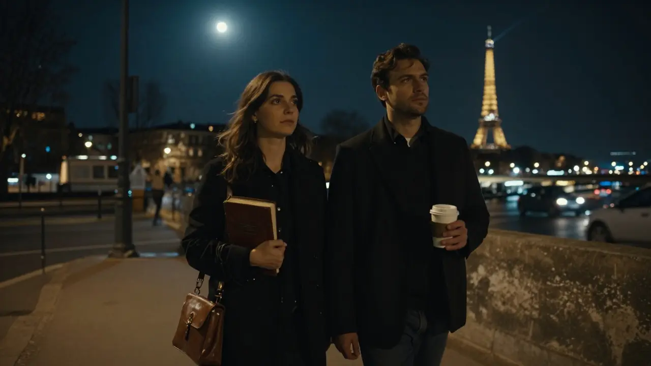 A man and woman walking peacefully along the Seine at night, the Eiffel Tower glowing softly in the distance.