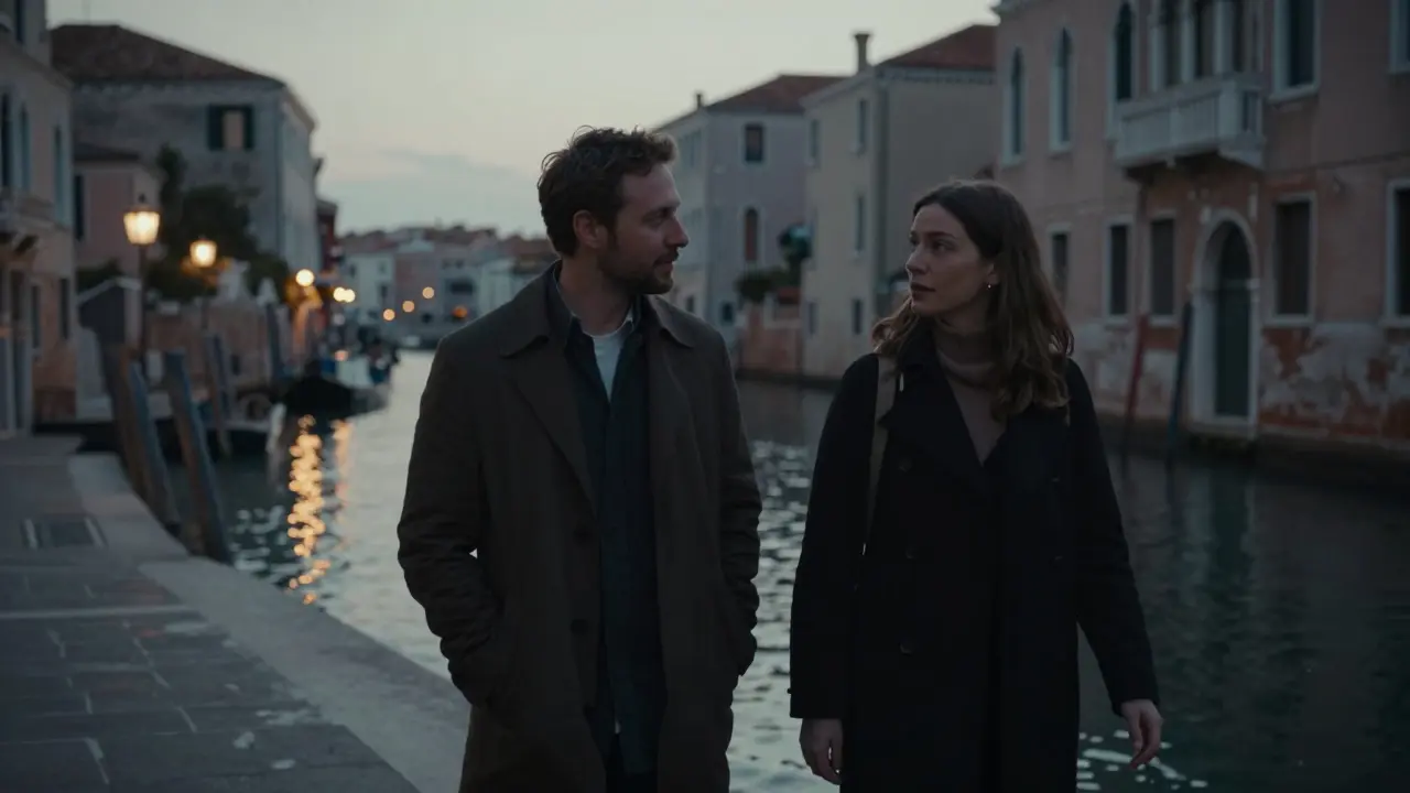 A man and woman walking side by side along Milan's Navigli canal at dusk, sharing quiet conversation under glowing lanterns, embodying authentic connection.