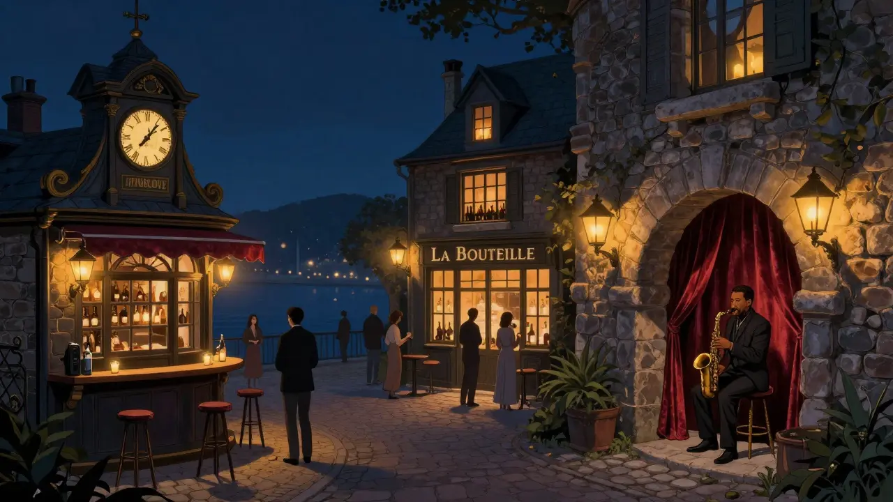 A nighttime walk through Monaco’s Old Port connecting three hidden bars with warm lights and live jazz.