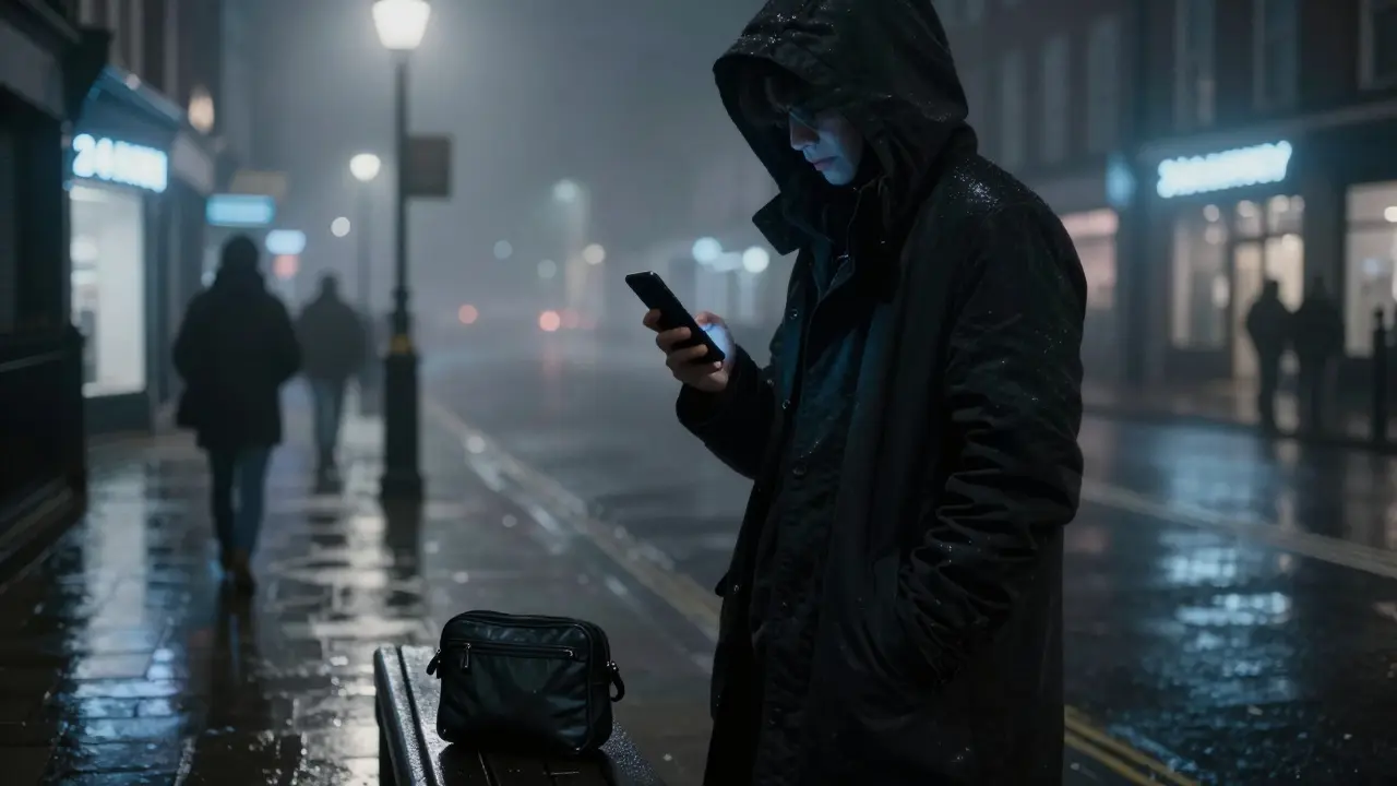 A person in a hooded coat standing alone at night near a Faraday pouch and a dark burner phone on a London street.