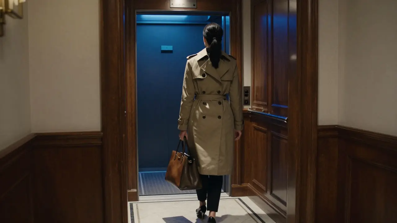 A professional escort arriving discreetly at a luxury London hotel suite, emphasizing anonymity and precision.