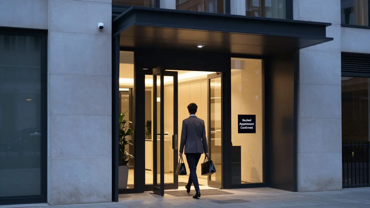 A professional escort leaving a secure London serviced apartment, symbolizing safety and discretion.