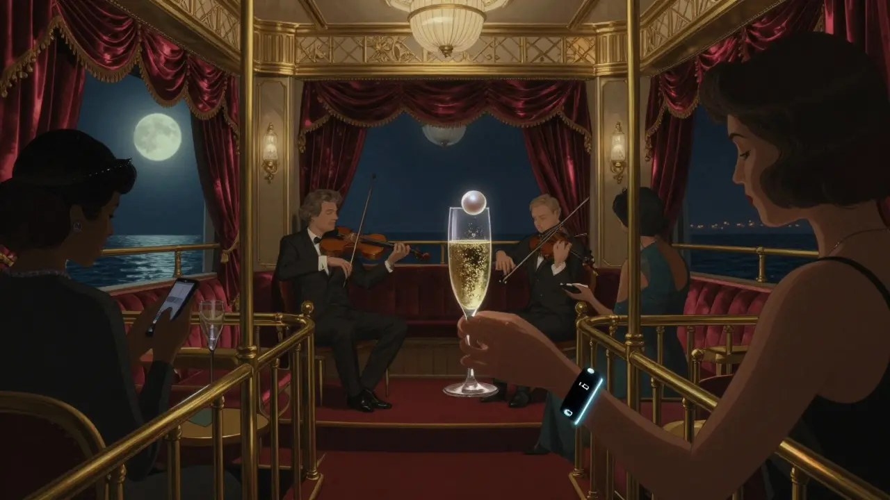 A secret 1920s-inspired lounge with a string quartet, guests receiving champagne with a pearl on the rim.