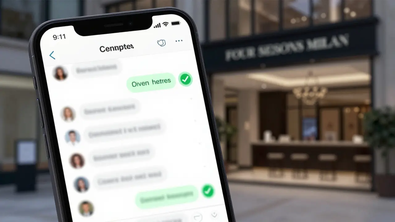 A smartphone screen displaying a verified escort appointment and a luxury hotel background.