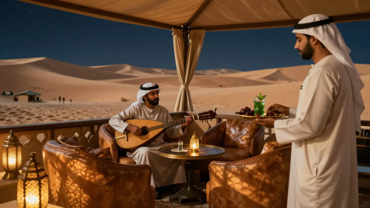 A tranquil desert-themed lounge with lantern light, an oud player, and a waiter serving mint tea under a starry sky.