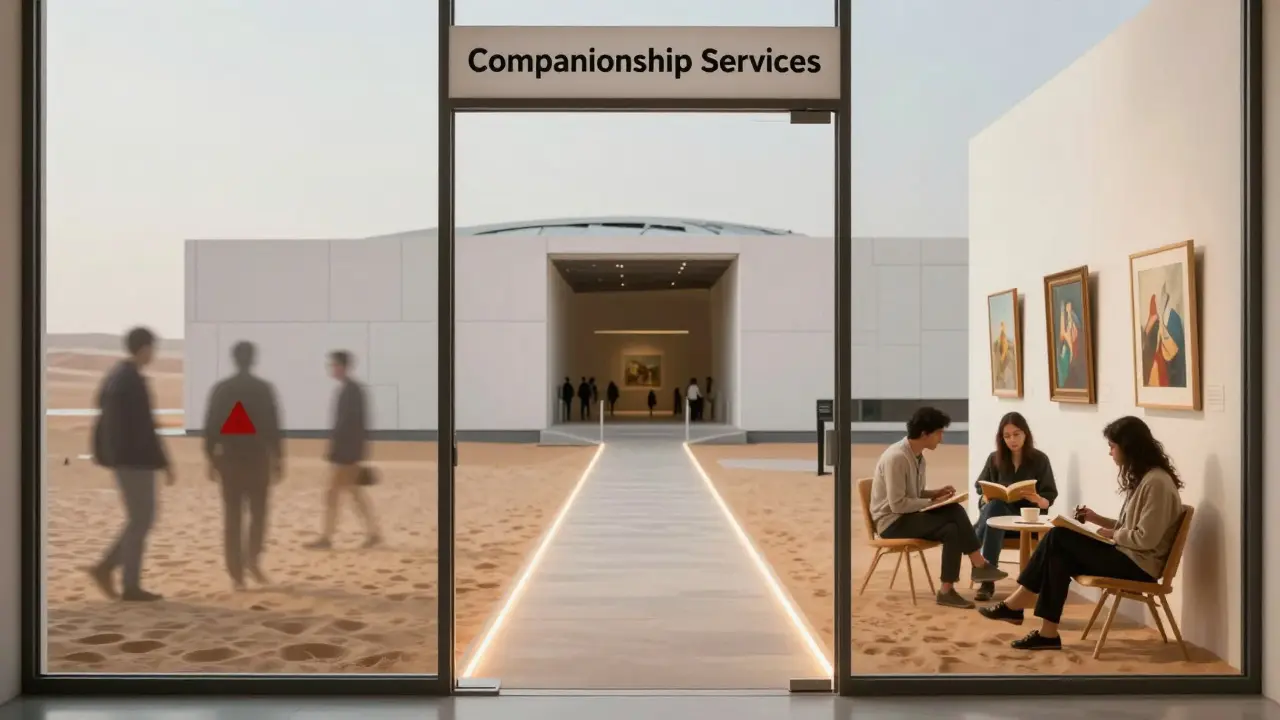 A transparent door separates illegal companionship risks from legal cultural experiences in Abu Dhabi.