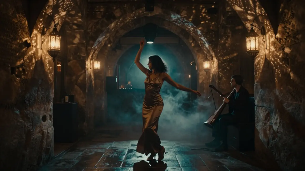 A woman dances alone in an underground club with Ottoman lanterns and stone walls, live flute music in the air.