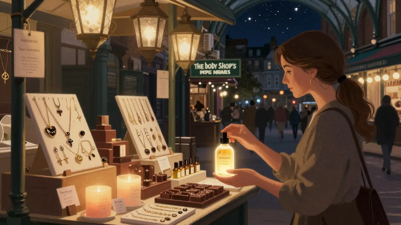 A woman receiving a personalized perfume blend at a late-night beauty shop in Covent Garden, surrounded by handmade candles and jewelry.