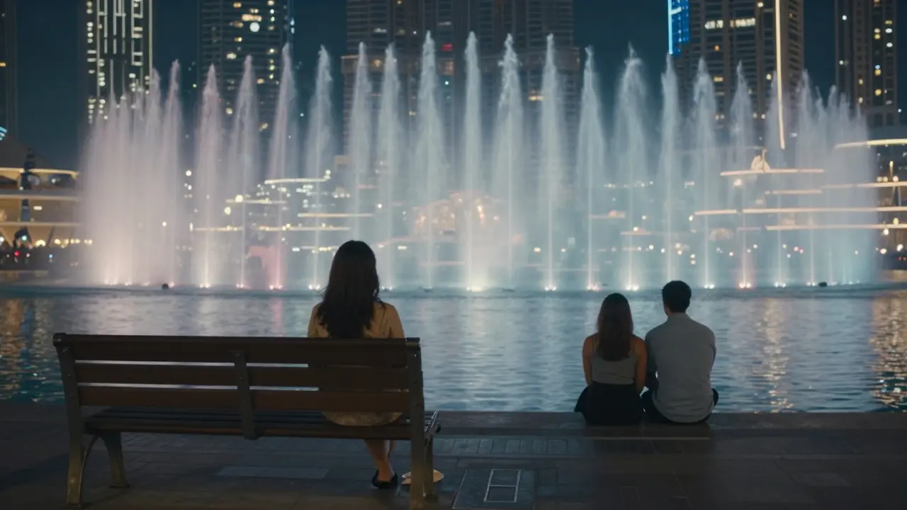 A woman sits alone by the Dubai Fountain at night, faint ghostly silhouettes of a past companion visible in the water's reflection.