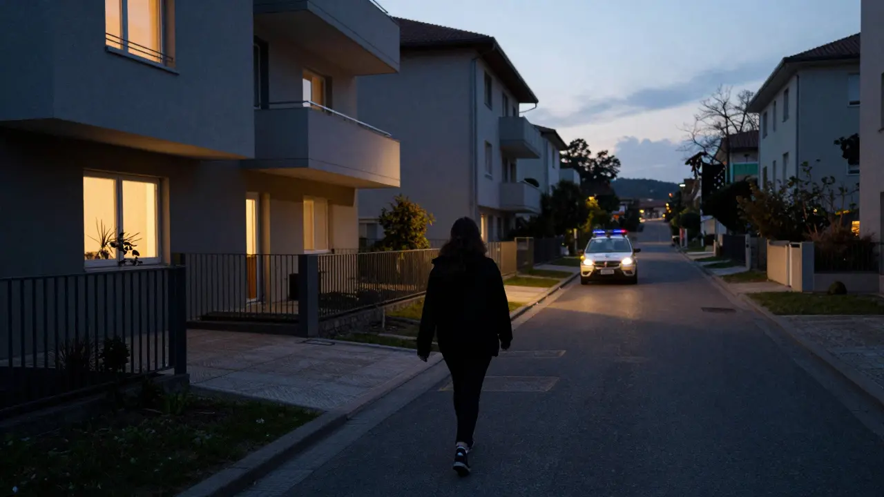 A woman walking toward an apartment in Navigli at twilight, a police car passing in the distance.