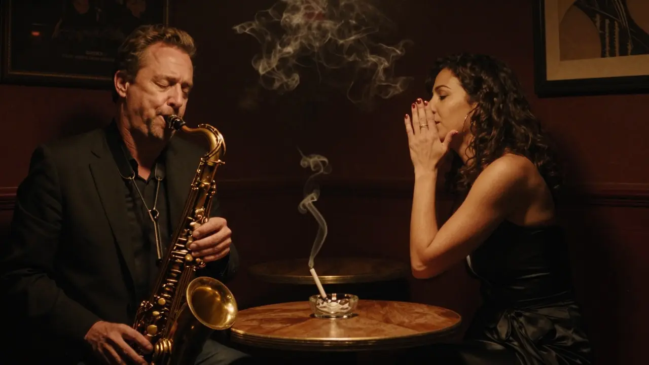An elderly man listening to jazz in a Parisian club, a companion whispering to him in the dim, smoky light.