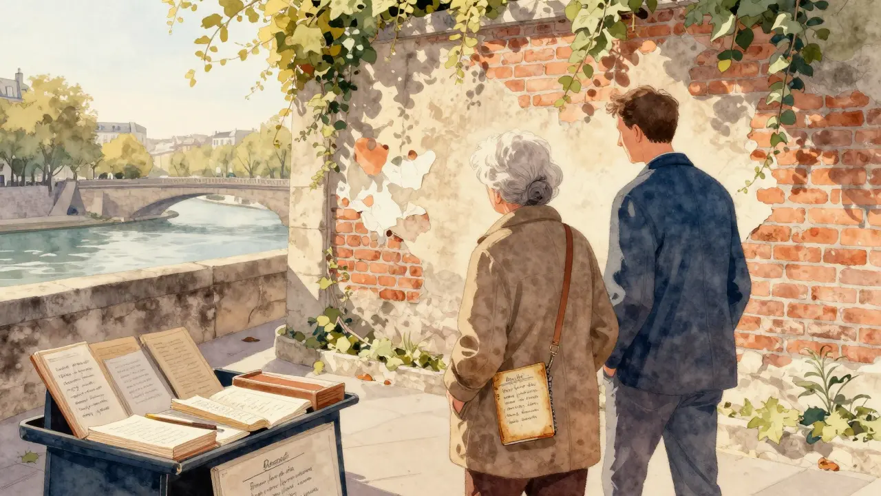An elderly woman and companion walking past bookstalls along the Seine, a notebook visible in her coat pocket.