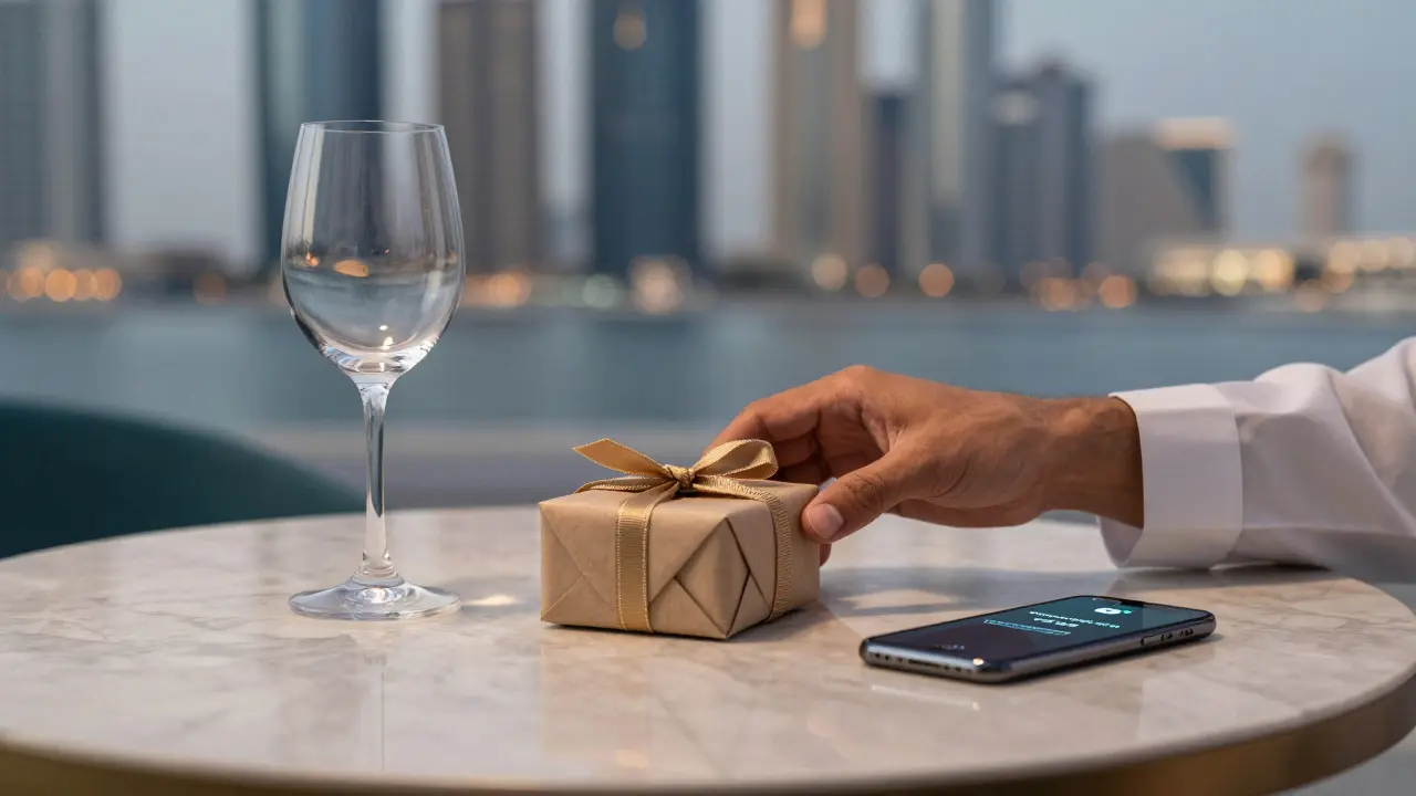 An elegant gift and wine glass on a marble table, symbolizing thoughtful preparation and trust in a professional companionship.